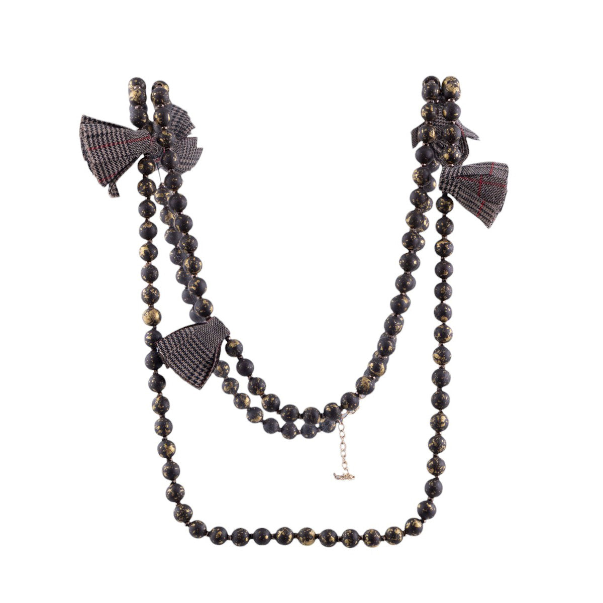 Collana lunga Elegance con fiocchi in tessuto e perle decorative effetto lucido