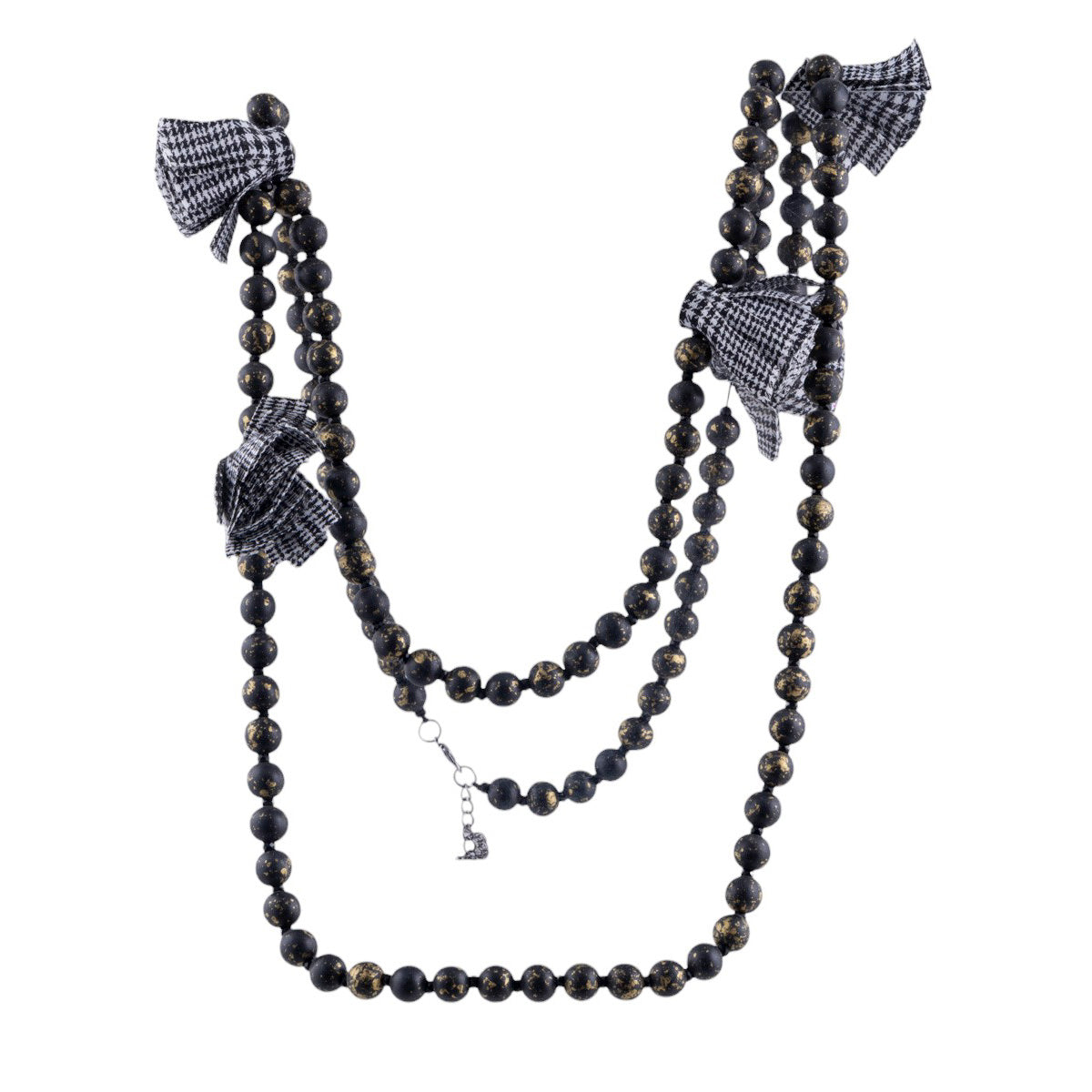 Collana lunga Elegance con fiocchi in tessuto e perle decorative effetto lucido