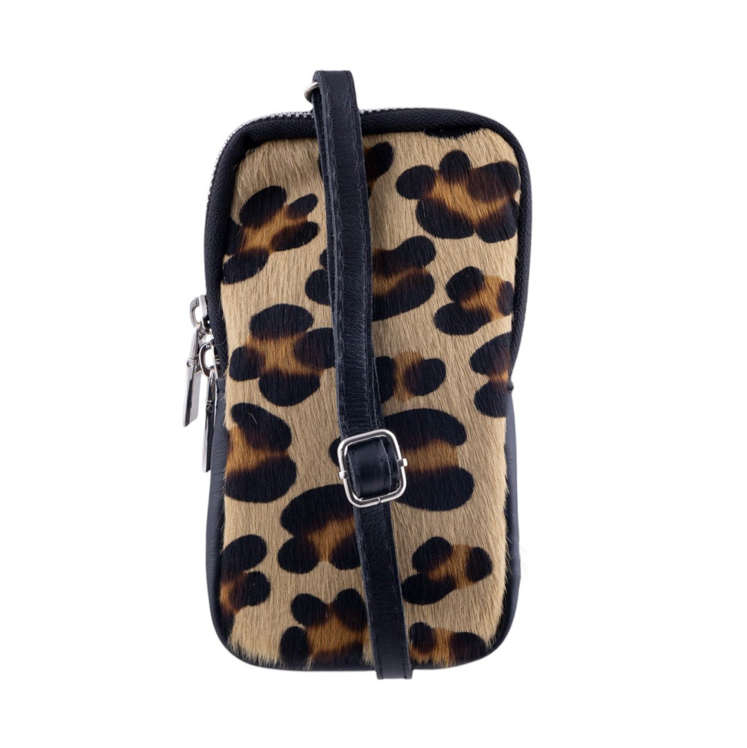 Borsa donna portacellulare in pelle con frontale in cavallino fantasia maculata