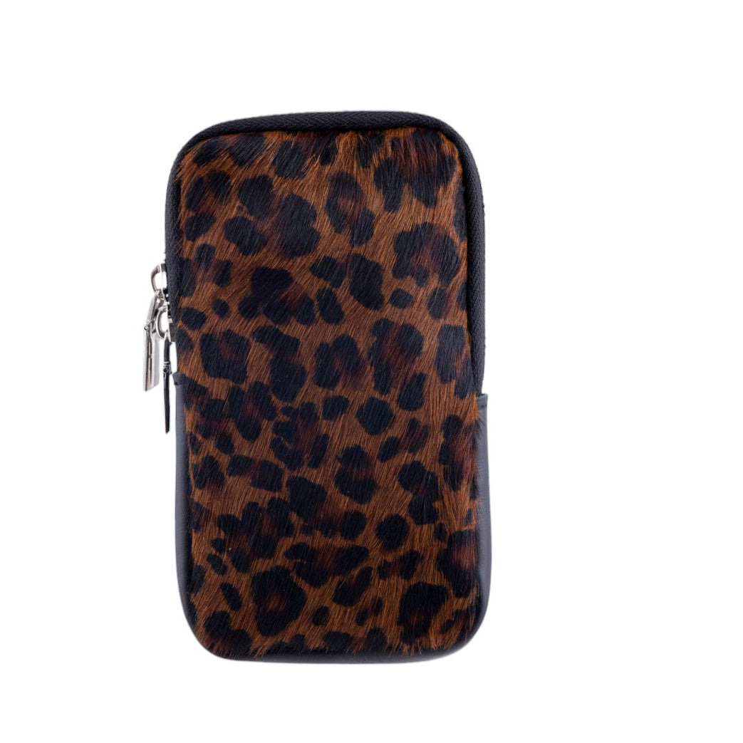 Borsa portacellulare da donna in pelle e vero cavallino con fantasia leopardata