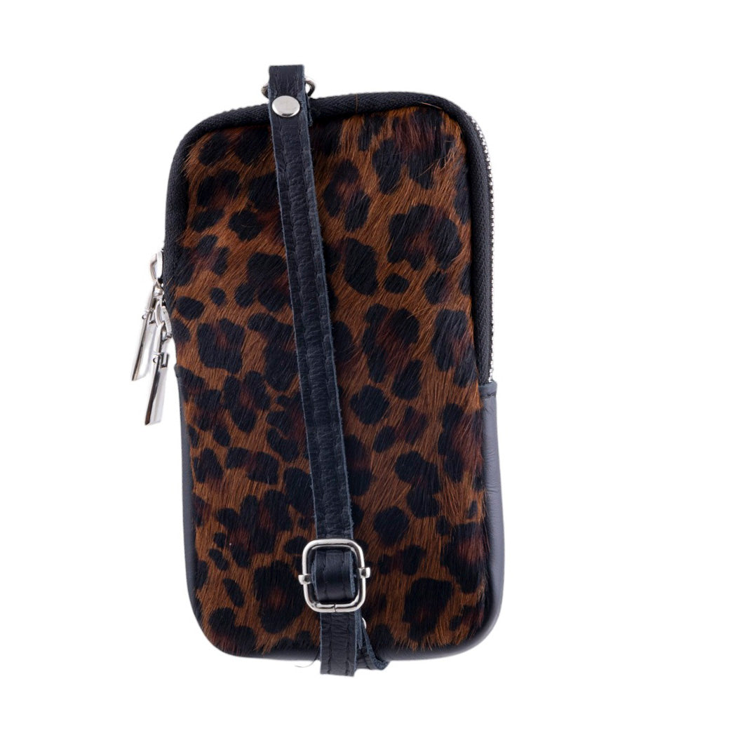 Borsa portacellulare da donna in pelle e vero cavallino con fantasia leopardata