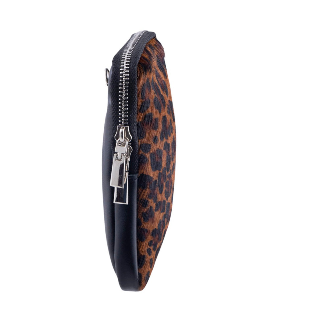 Borsa portacellulare da donna in pelle e vero cavallino con fantasia leopardata