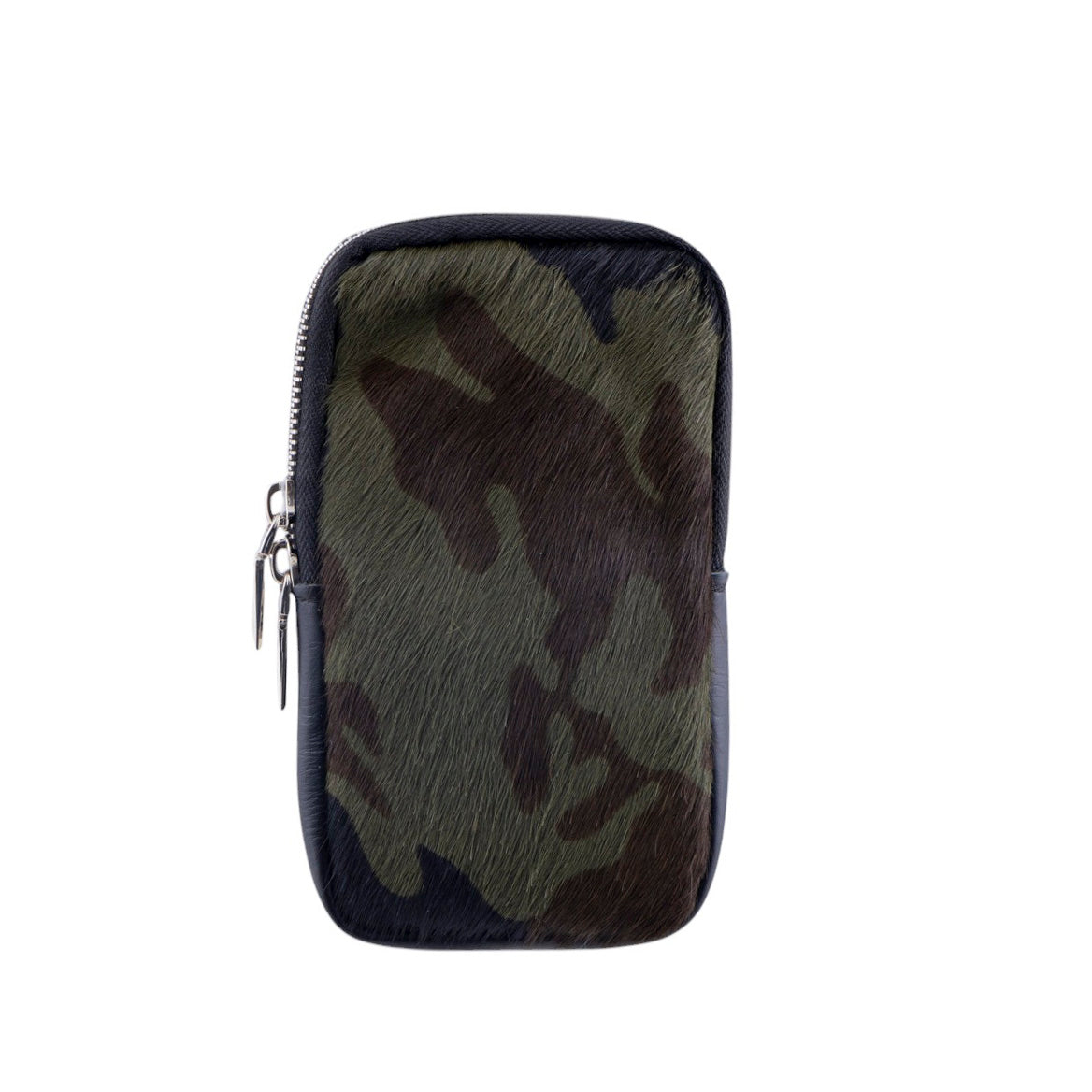 Borsa portacellulare da donna in pelle e vero cavallino con fantasia militare
