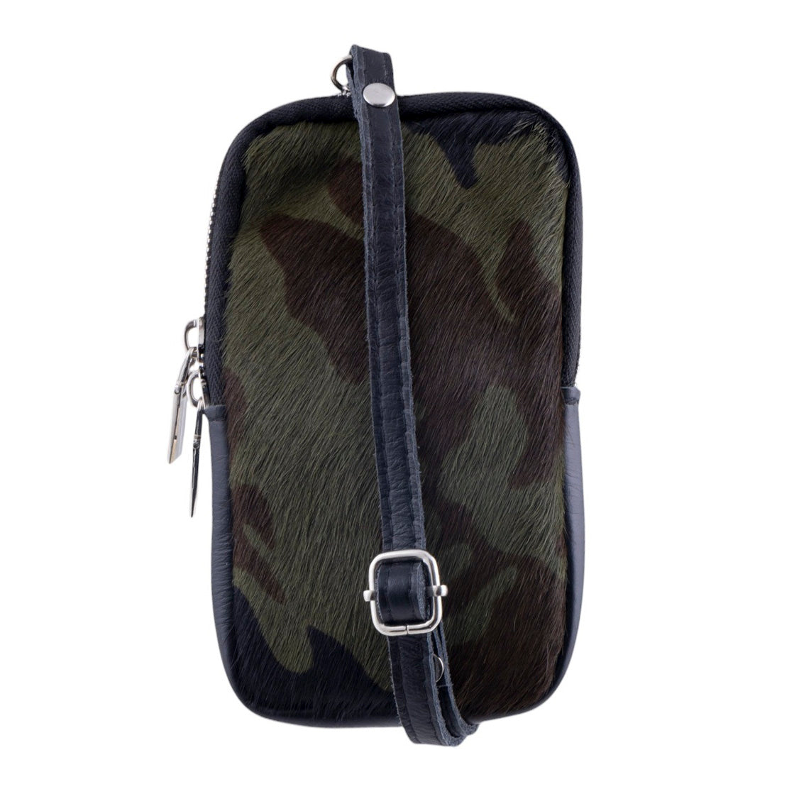 Borsa portacellulare da donna in pelle e vero cavallino con fantasia militare