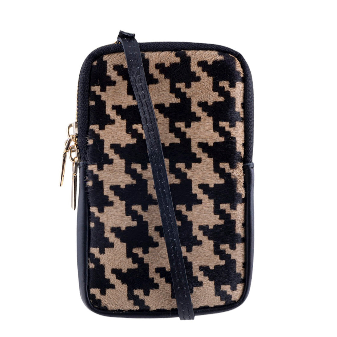 Borsa portacellulare da donna in pelle e vero cavallino fantasia pied de poule