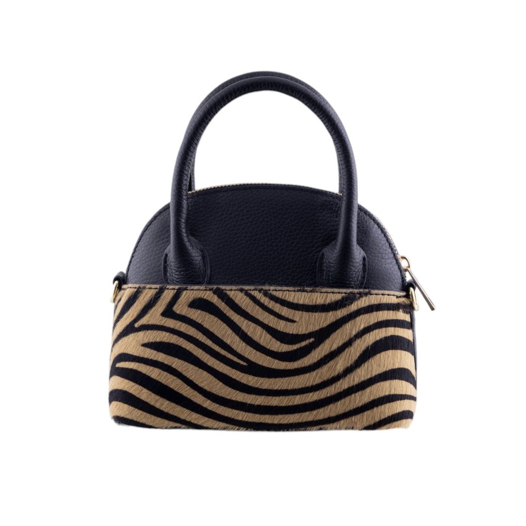 Borsa a mano in pelle martellata e cavallino animalier, con tracolla removibile