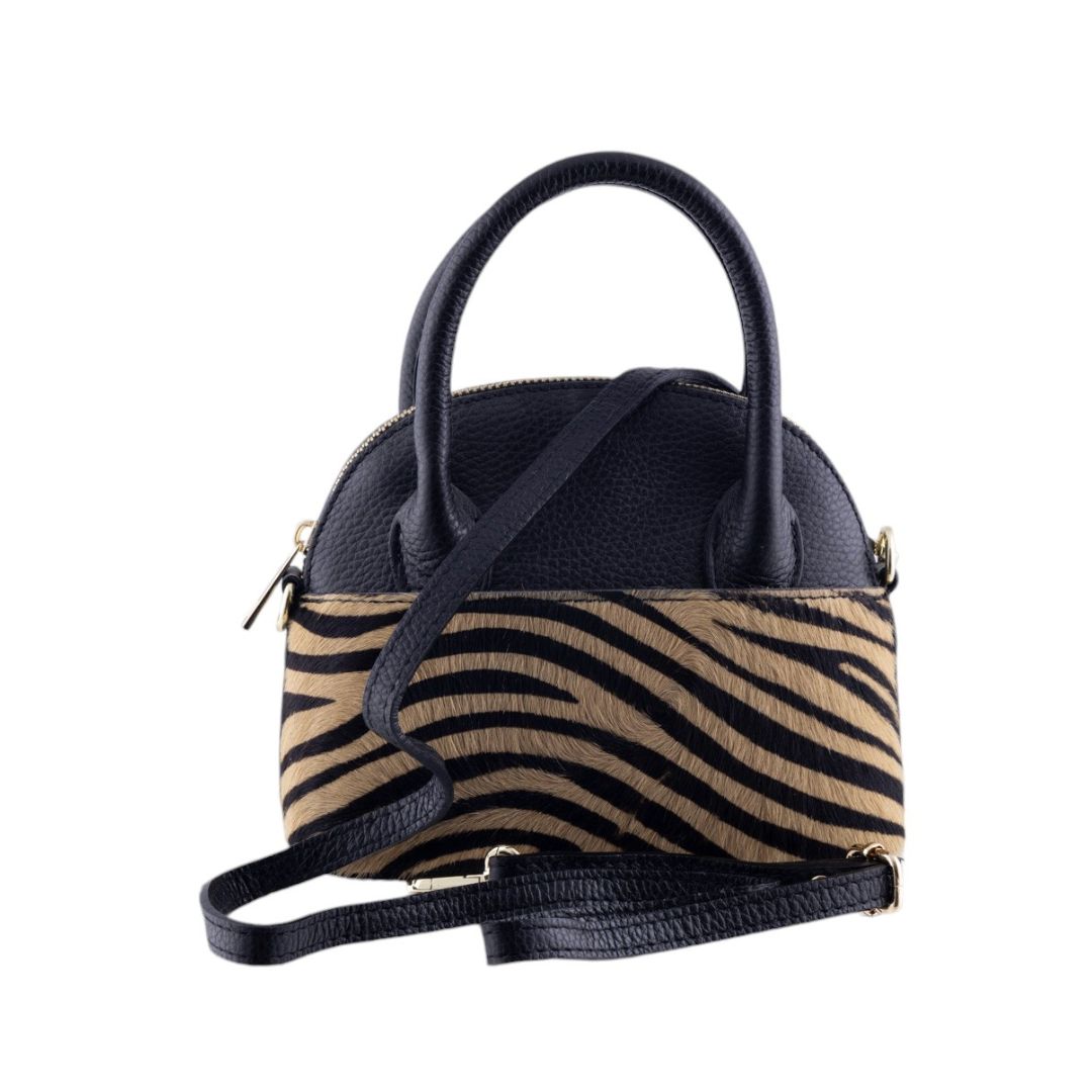 Borsa a mano in pelle martellata e cavallino animalier, con tracolla removibile