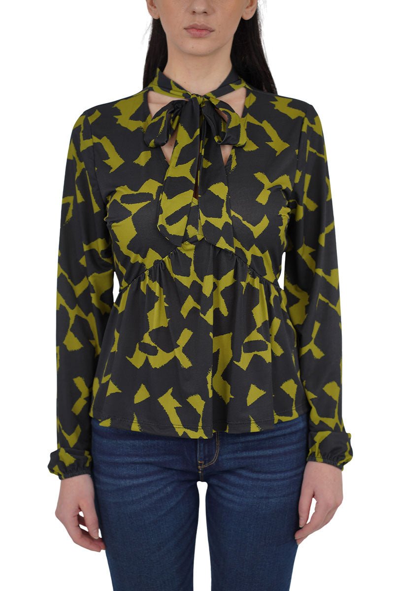 Blusa in Fantasia Astratta con Dettaglio Nodo