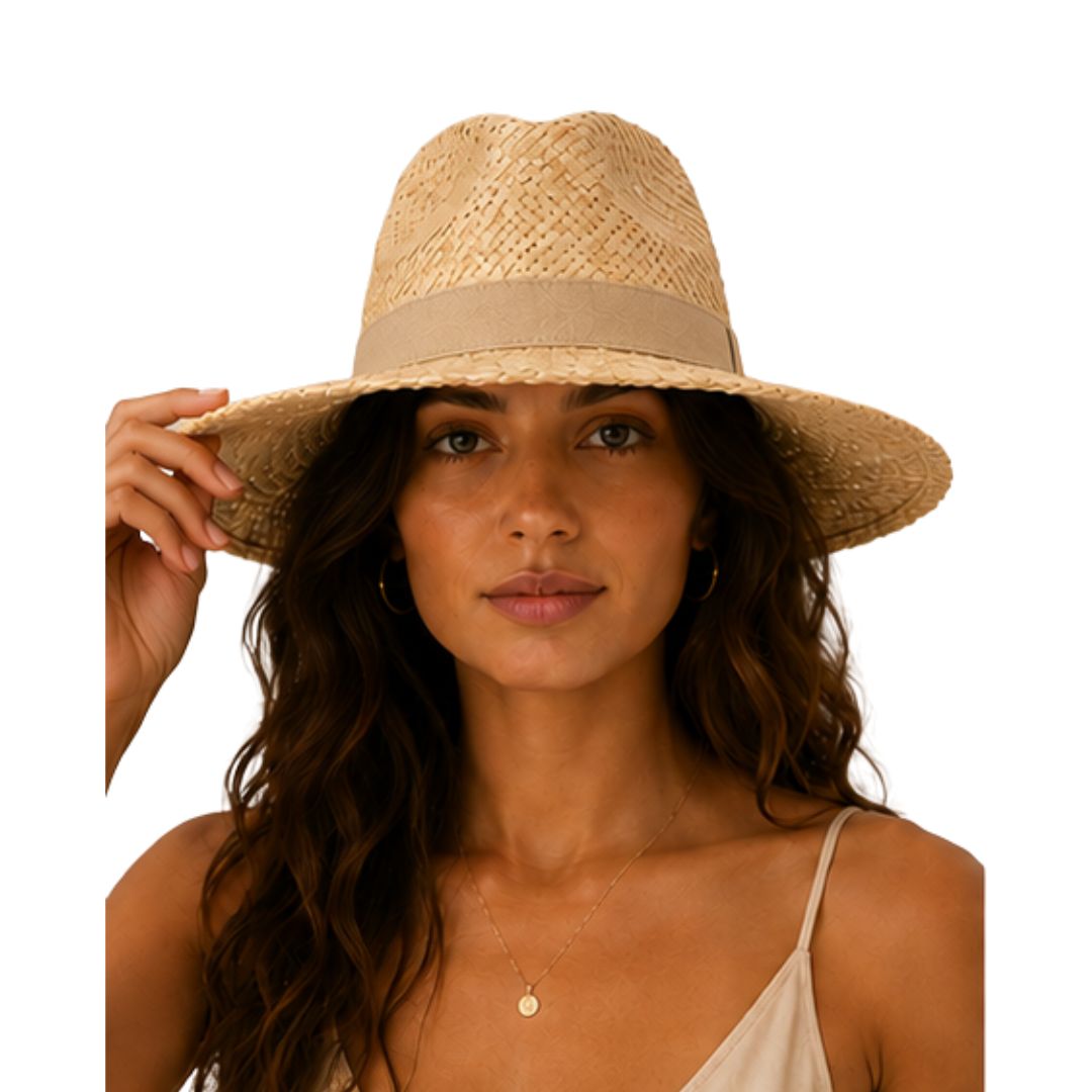 Cappello donna in paglia con tesa, con fascia in tessuto colorata Made in Italy