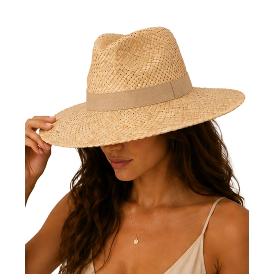 Cappello donna in paglia con tesa, con fascia in tessuto colorata Made in Italy