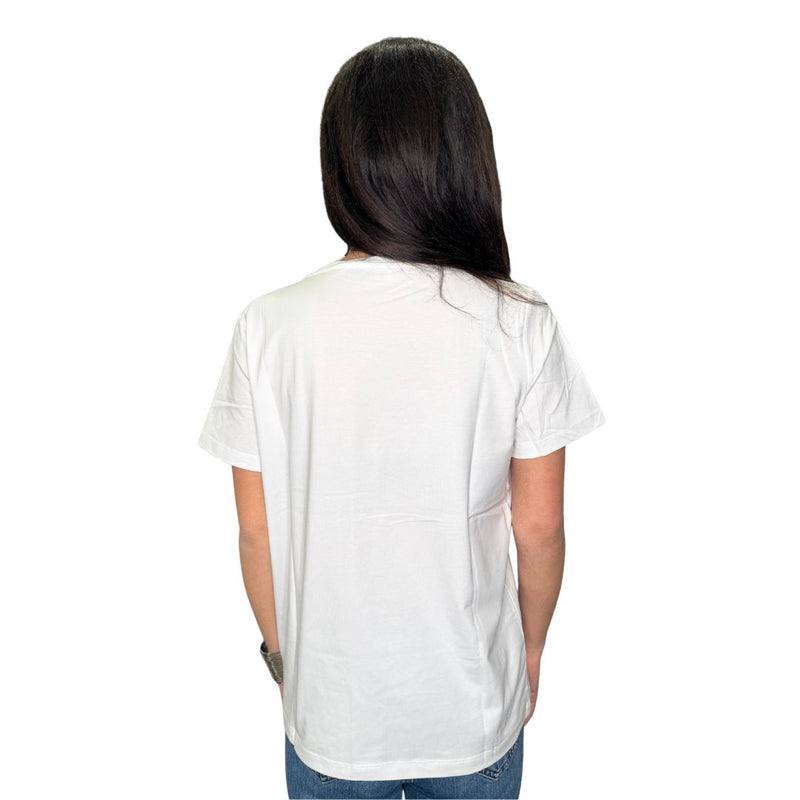 T-shirt donna manica corta con fiore dorato a ventaglio e strass