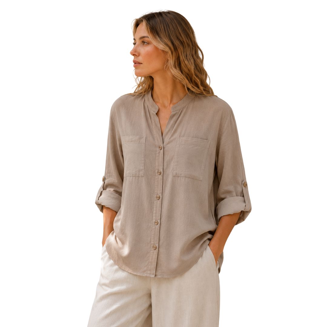 Camicia donna misto lino collo coreana manica lunga con asola Made in Italy