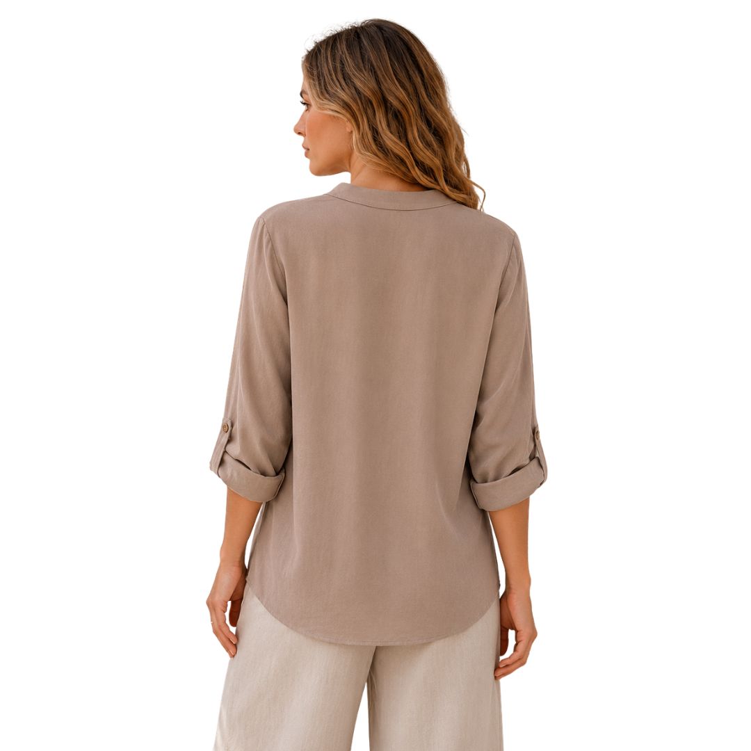 Camicia donna misto lino collo coreana manica lunga con asola Made in Italy