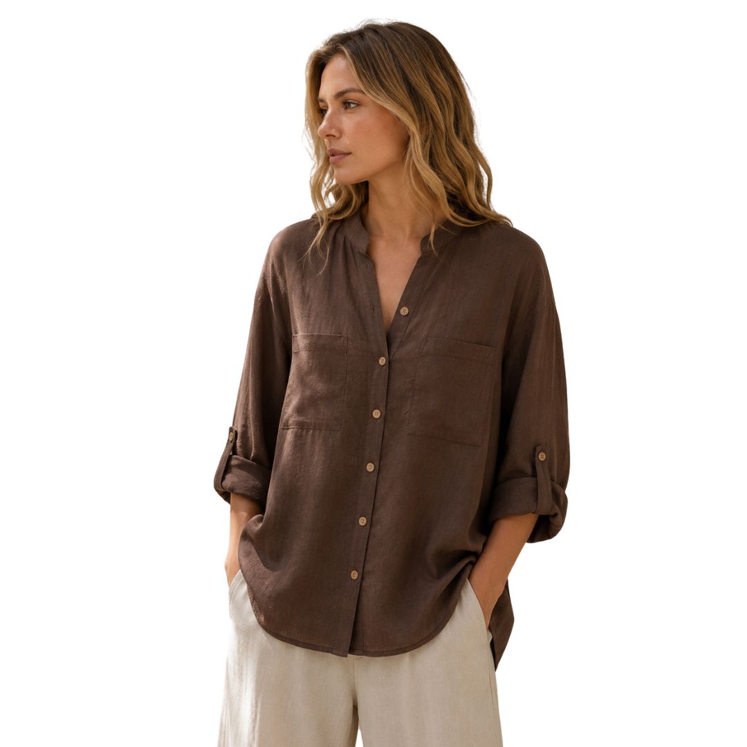 Camicia donna misto lino collo coreana manica lunga con asola Made in Italy