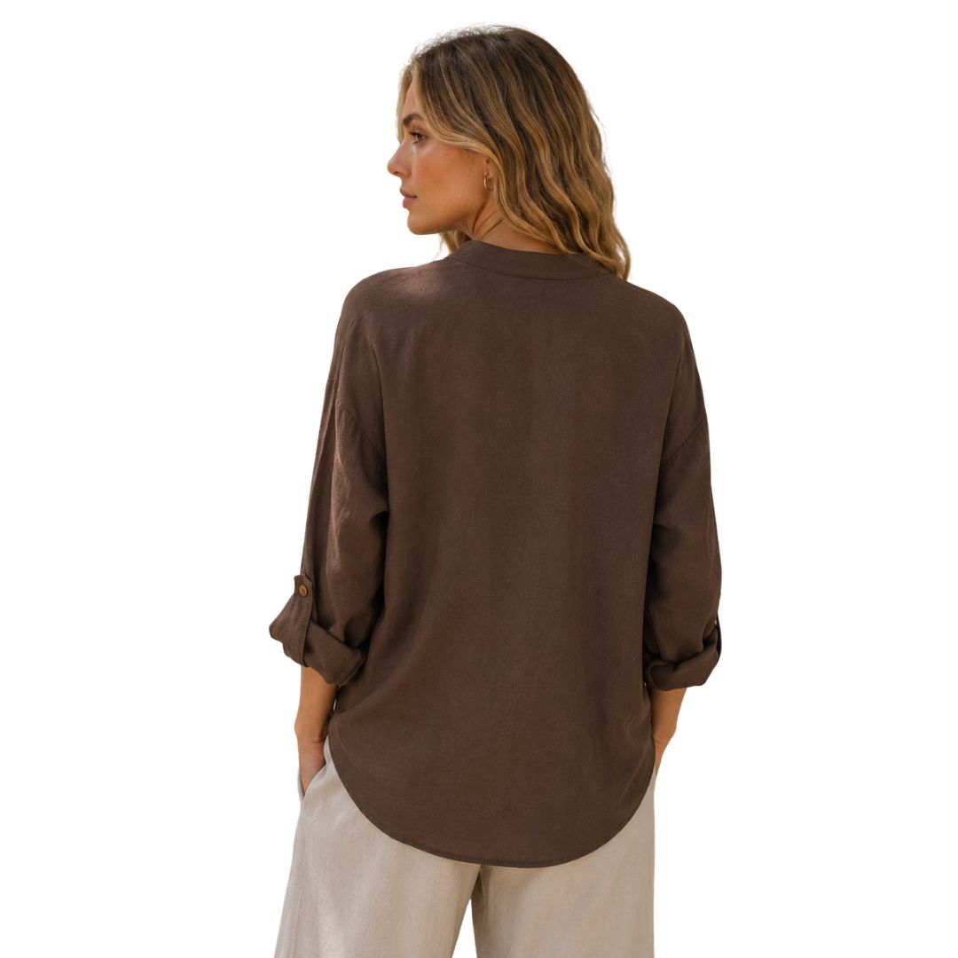 Camicia donna misto lino collo coreana manica lunga con asola Made in Italy