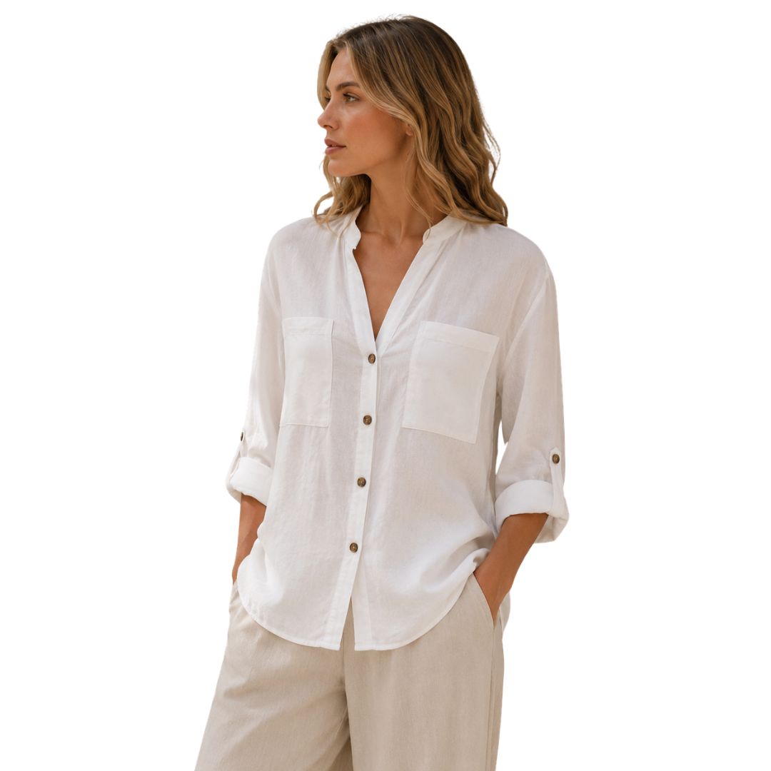 Camicia donna misto lino collo coreana manica lunga con asola Made in Italy
