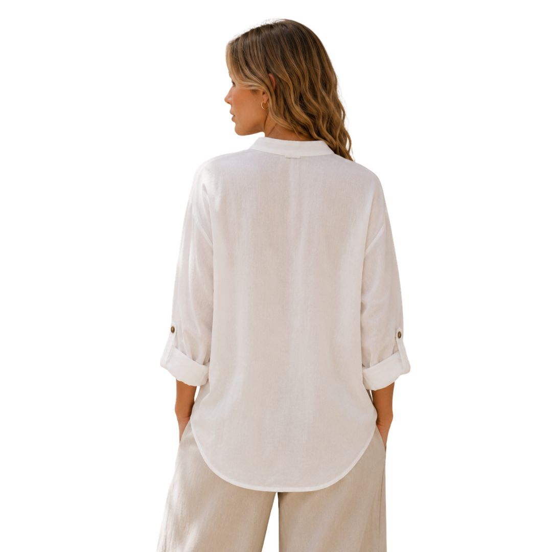 Camicia donna misto lino collo coreana manica lunga con asola Made in Italy