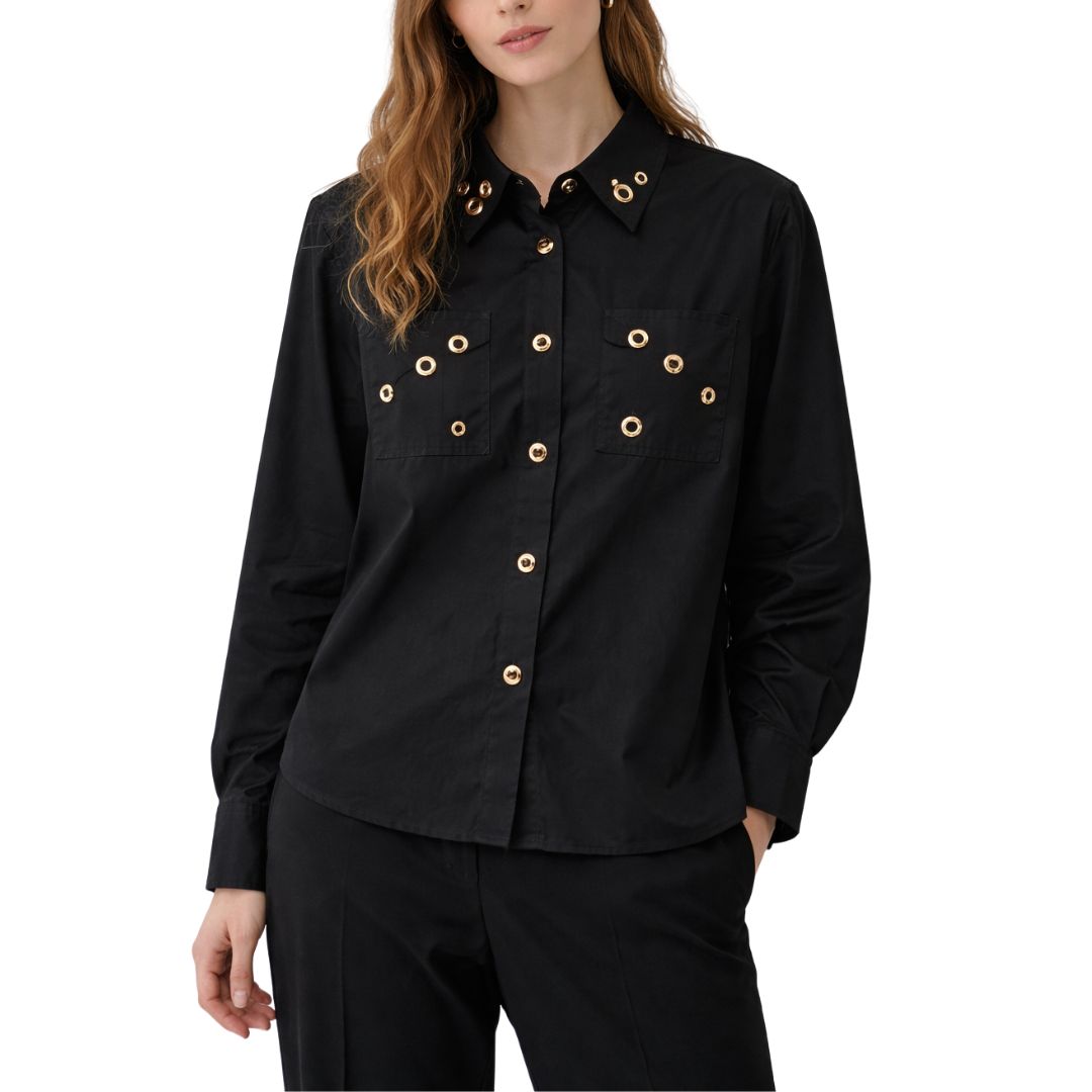 Camicia donna cotone con borchie manica lunga con tasche e cannone dietro