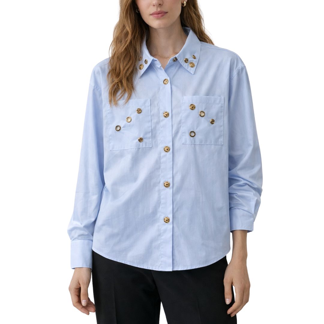 Camicia donna cotone con borchie manica lunga con tasche e cannone dietro