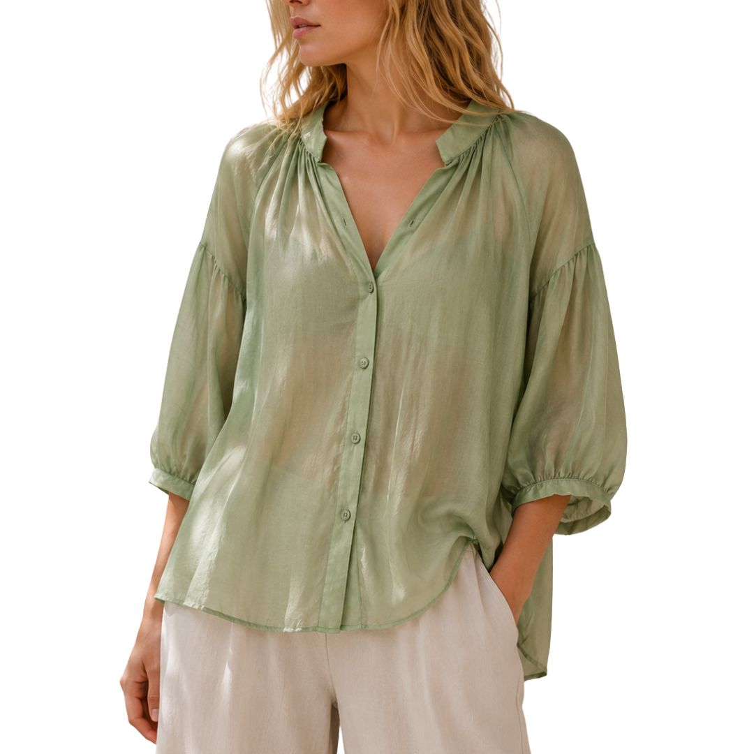 Camicia donna over tinta unita  collo coreana manica 3/4 a sbuffo Made in Italy