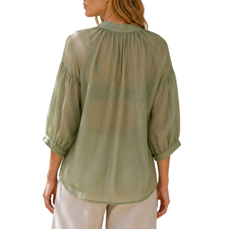 Camicia donna over tinta unita  collo coreana manica 3/4 a sbuffo Made in Italy