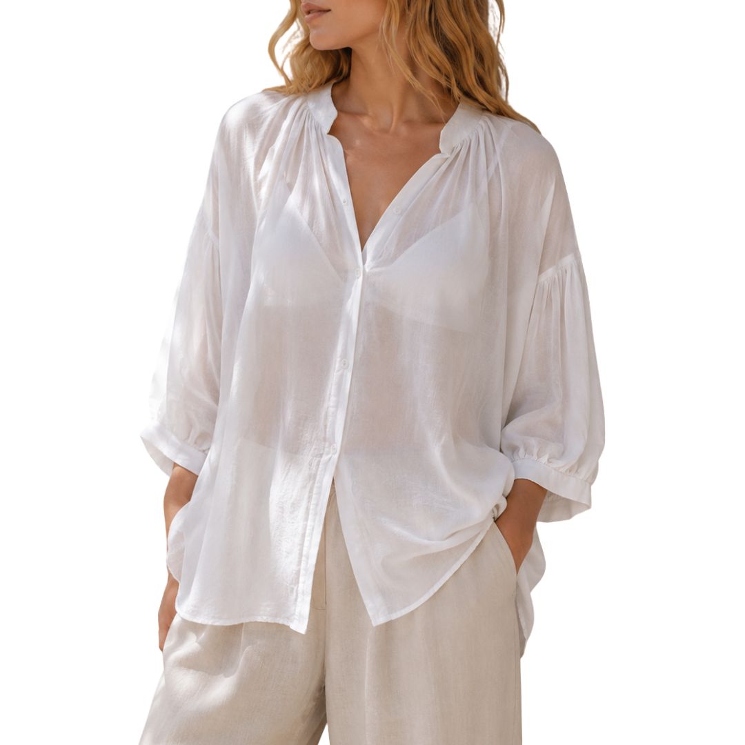 Camicia donna over tinta unita  collo coreana manica 3/4 a sbuffo Made in Italy