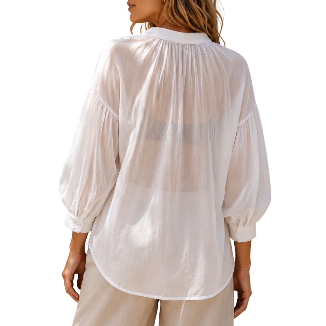 Camicia donna over tinta unita  collo coreana manica 3/4 a sbuffo Made in Italy