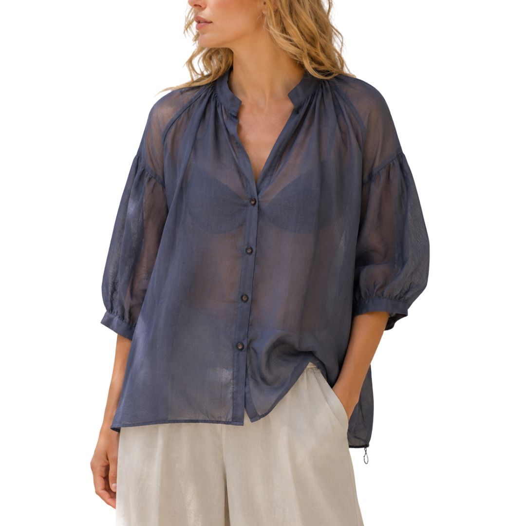 Camicia donna over tinta unita  collo coreana manica 3/4 a sbuffo Made in Italy