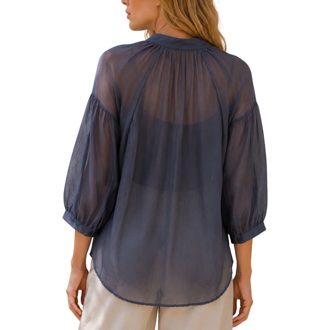 Camicia donna over tinta unita  collo coreana manica 3/4 a sbuffo Made in Italy