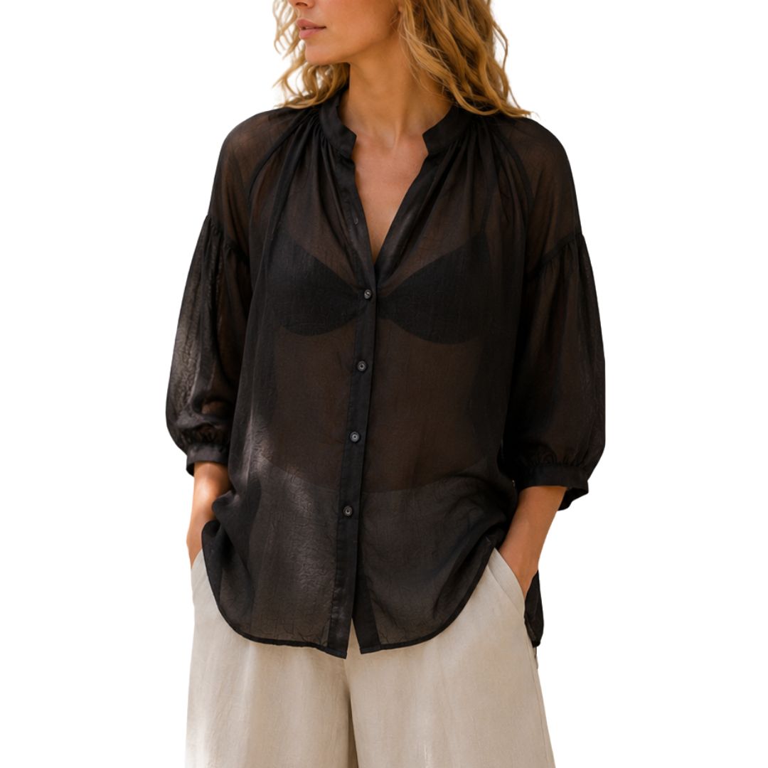 Camicia donna over tinta unita  collo coreana manica 3/4 a sbuffo Made in Italy