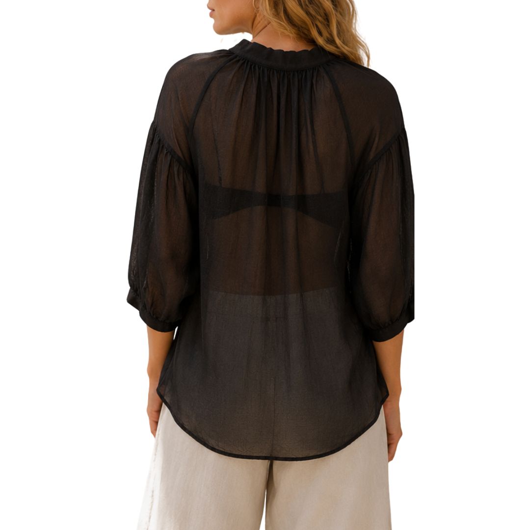Camicia donna over tinta unita  collo coreana manica 3/4 a sbuffo Made in Italy