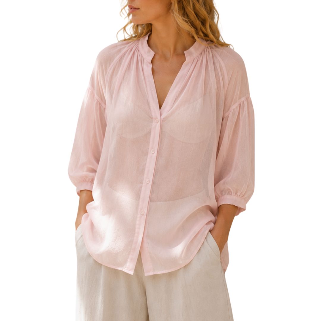 Camicia donna over tinta unita  collo coreana manica 3/4 a sbuffo Made in Italy