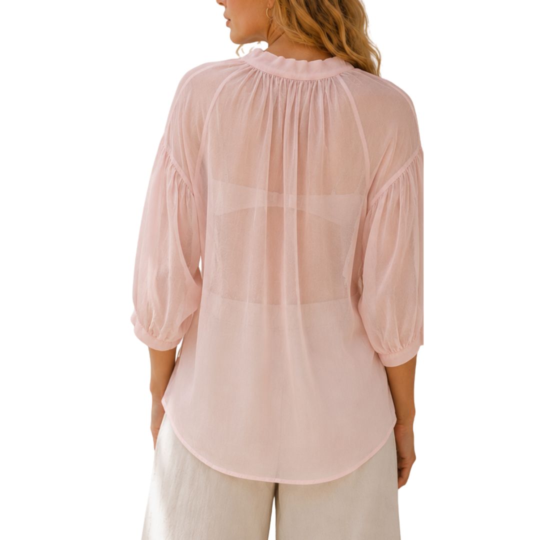 Camicia donna over tinta unita  collo coreana manica 3/4 a sbuffo Made in Italy