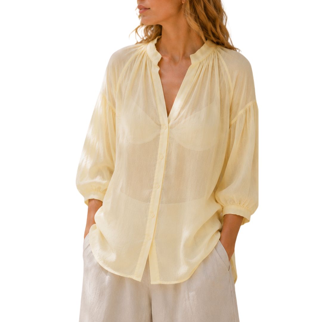 Camicia donna over tinta unita  collo coreana manica 3/4 a sbuffo Made in Italy