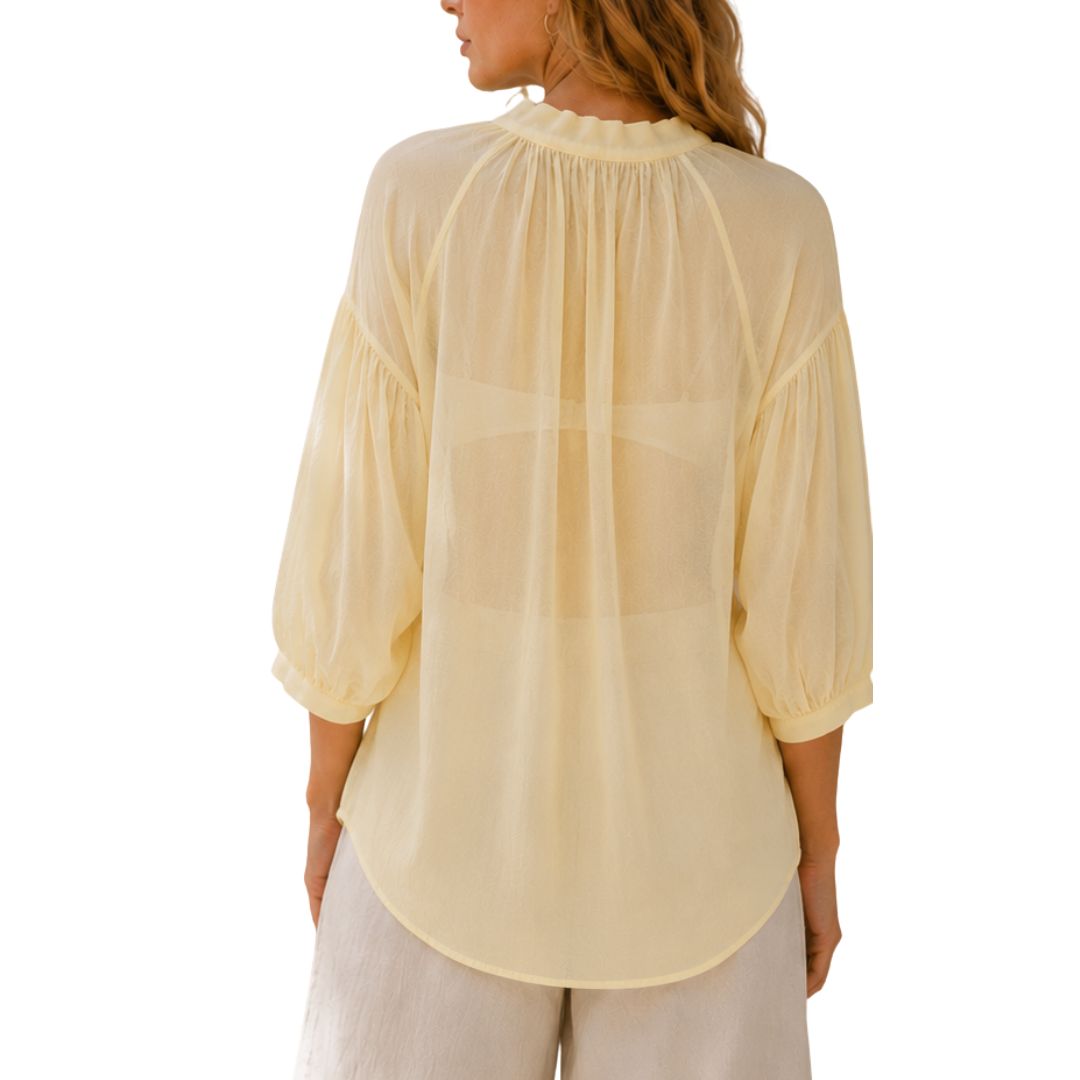 Camicia donna over tinta unita  collo coreana manica 3/4 a sbuffo Made in Italy