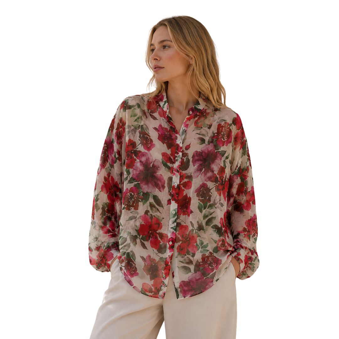 Camicia donna over stampa floreale collo coreana manica lunga Made in Italy
