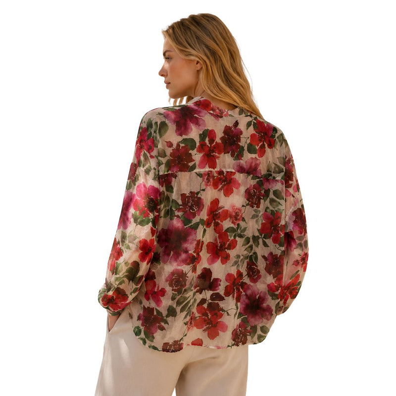 Camicia donna over stampa floreale collo coreana manica lunga Made in Italy