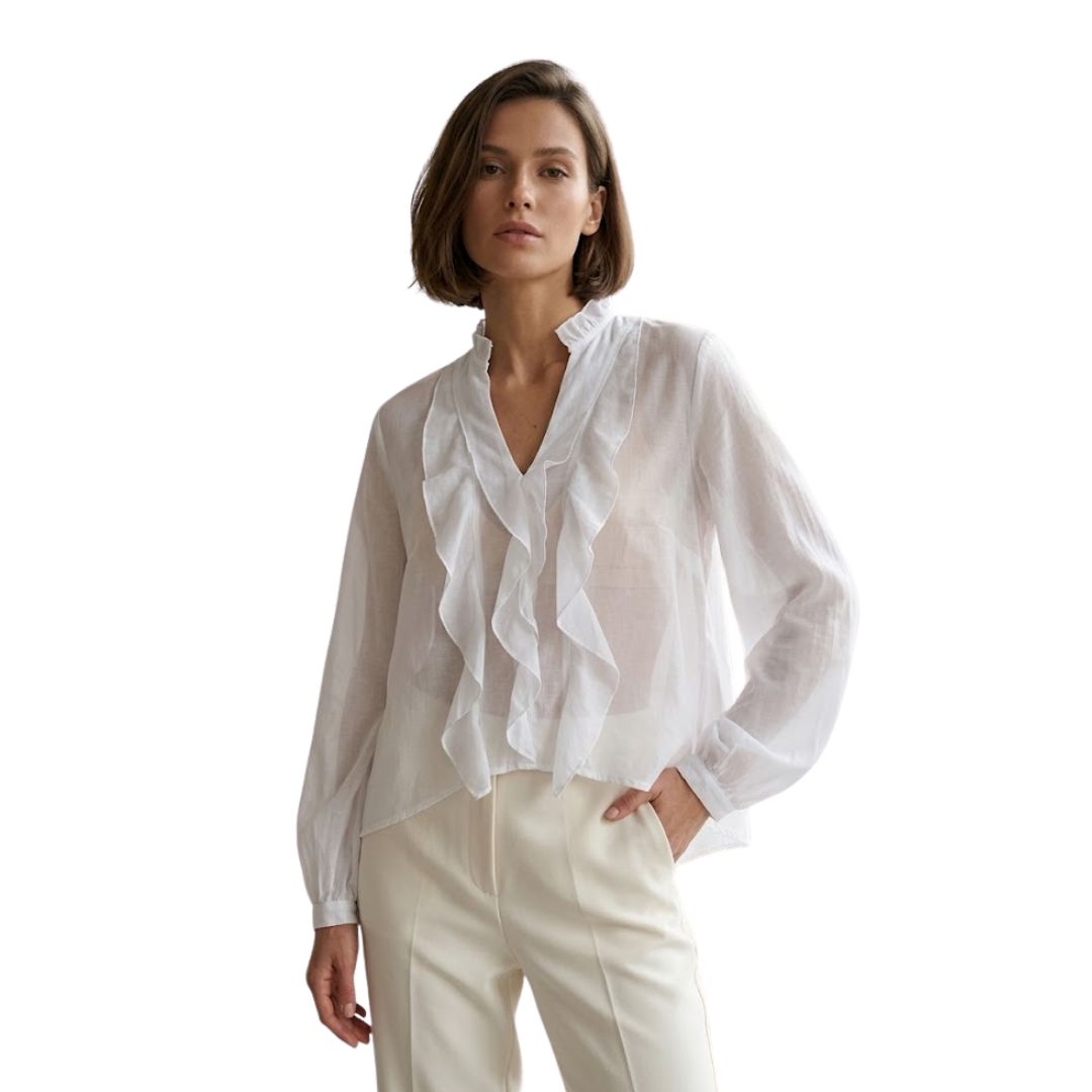 Camicia donna manica lunga con volant sul davanti e nel collo Made in Italy