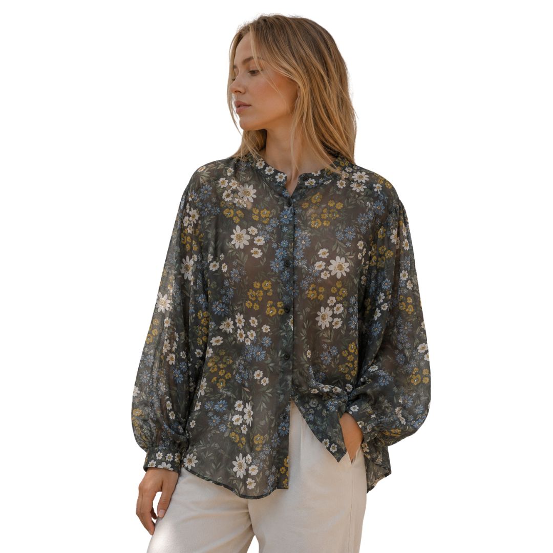 Camicia donna over floreale manica lunga con asola Made in Italy