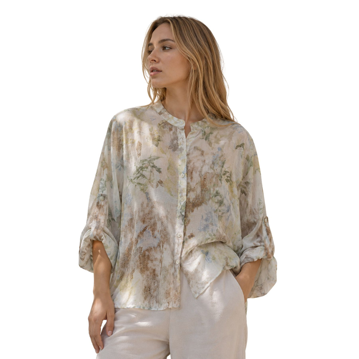 Camicia donna over floreale manica lunga con asola