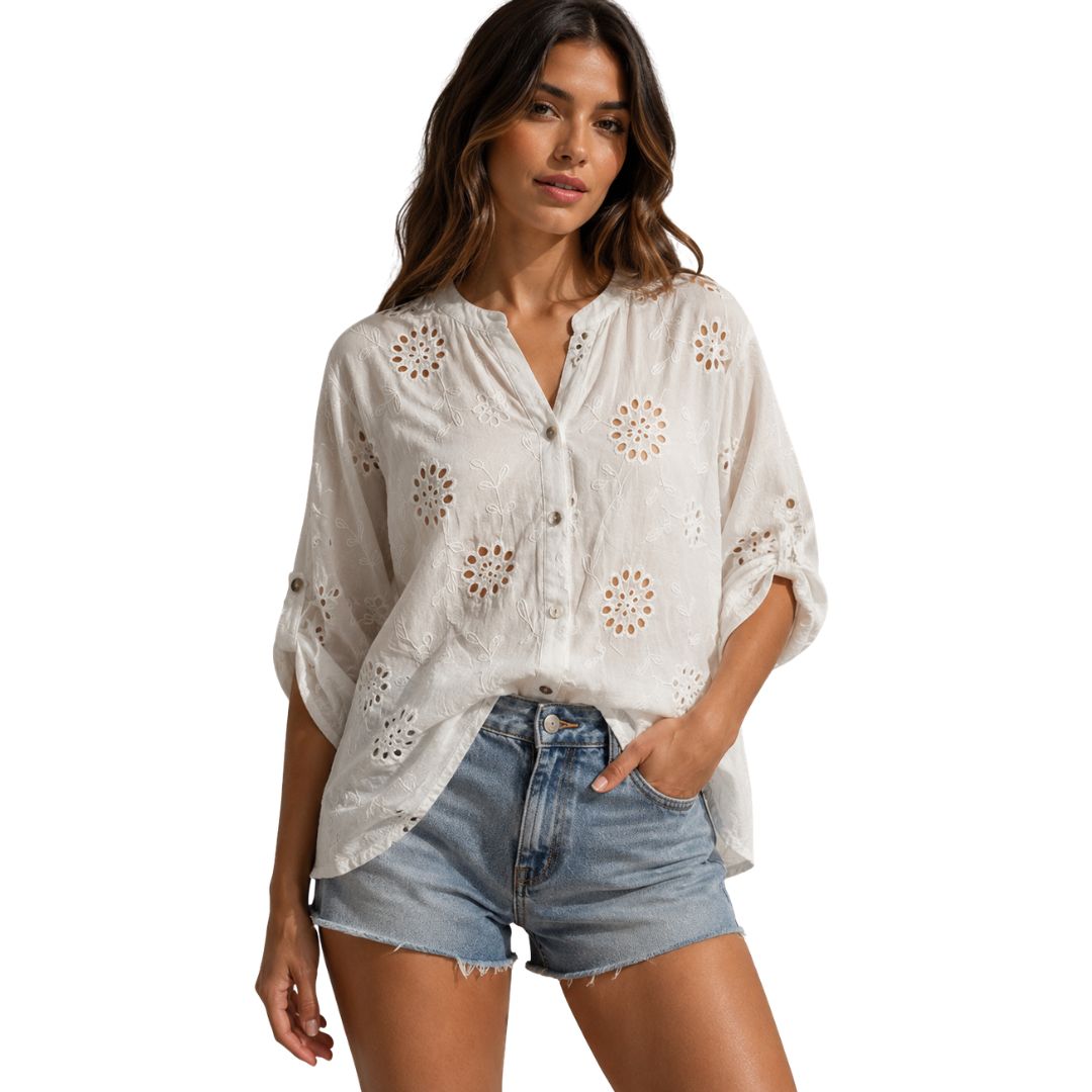 Camicia donna over con ricamo san gallo manica lunga con asole Made in Italy
