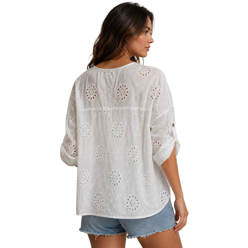 Camicia donna over con ricamo san gallo manica lunga con asole Made in Italy