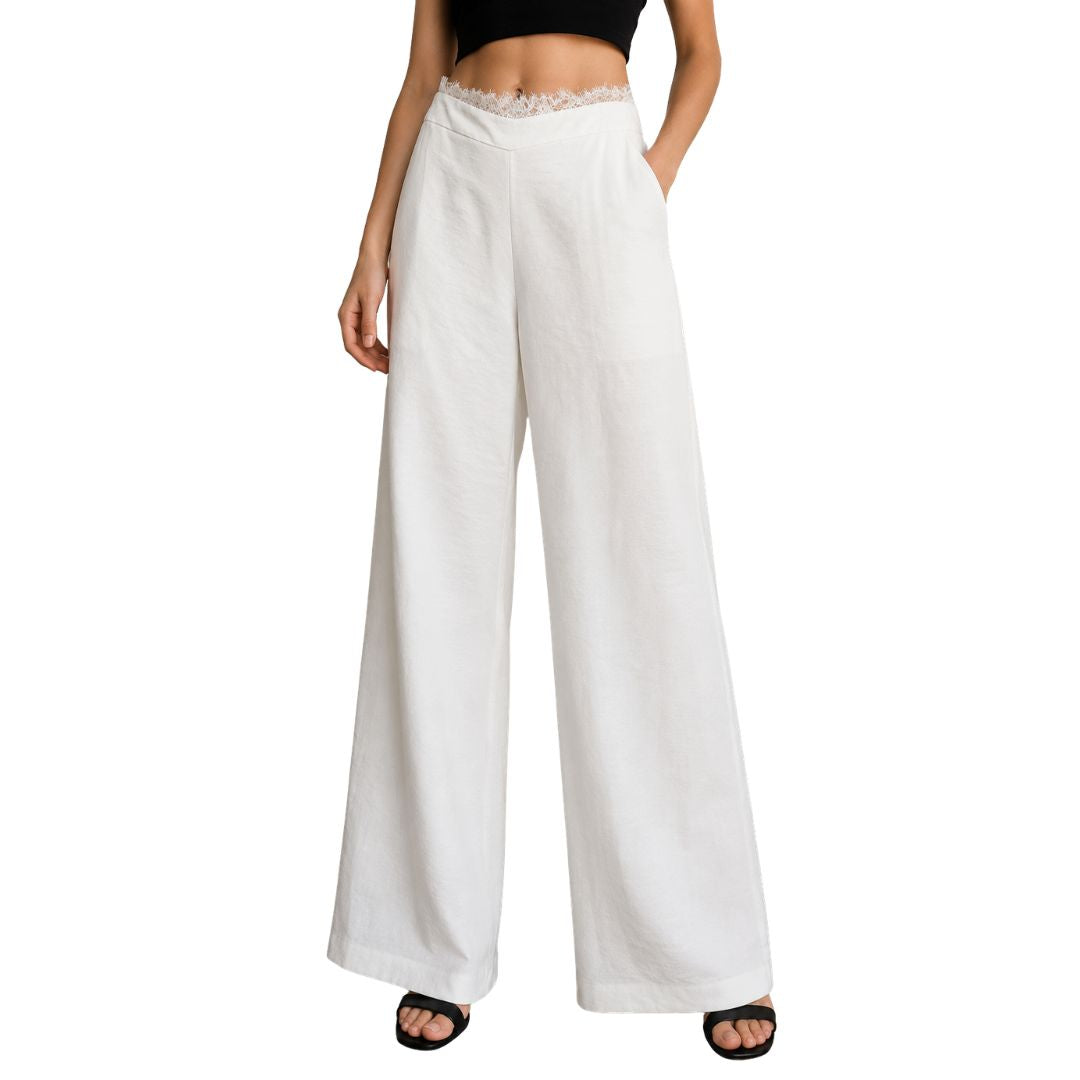 Pantalone donna ampio, con pizzo e con elastico in vita dietro Made in Italy