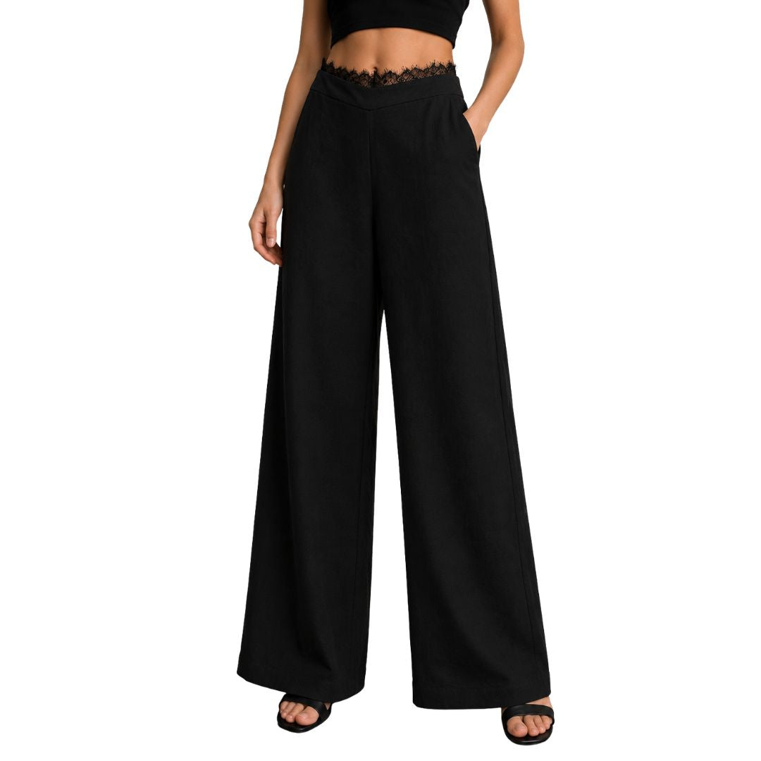 Pantalone donna ampio, con pizzo e con elastico in vita dietro Made in Italy