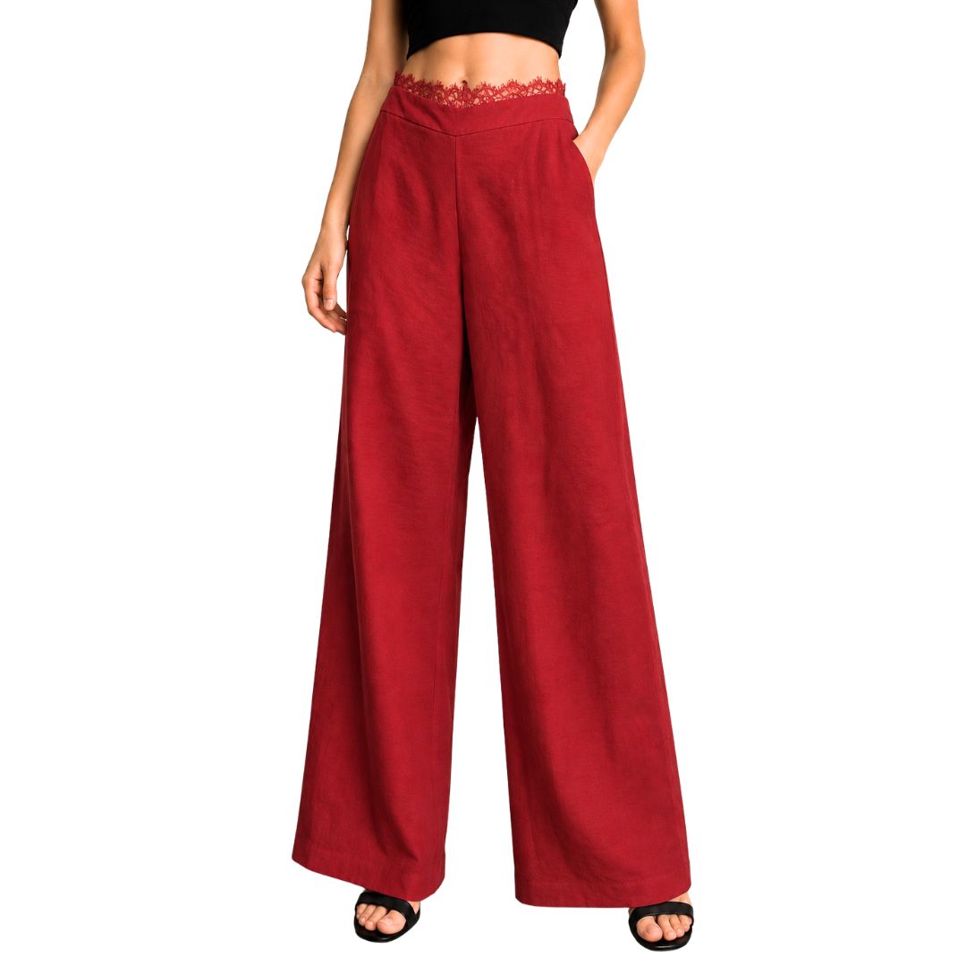 Pantalone donna ampio, con pizzo e con elastico in vita dietro Made in Italy