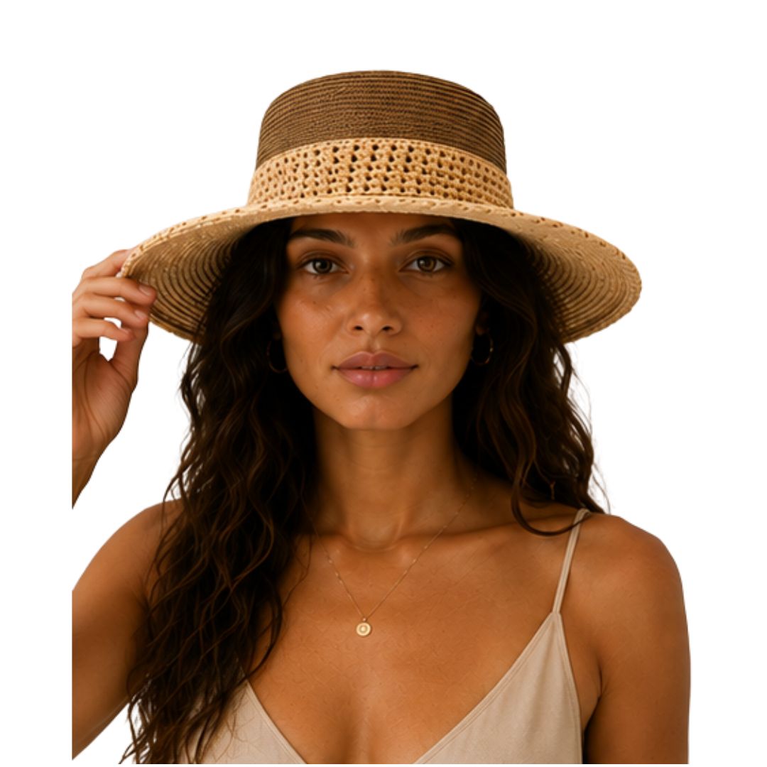 Cappello donna in paglia bicolore con tesa e balza Made in Italy