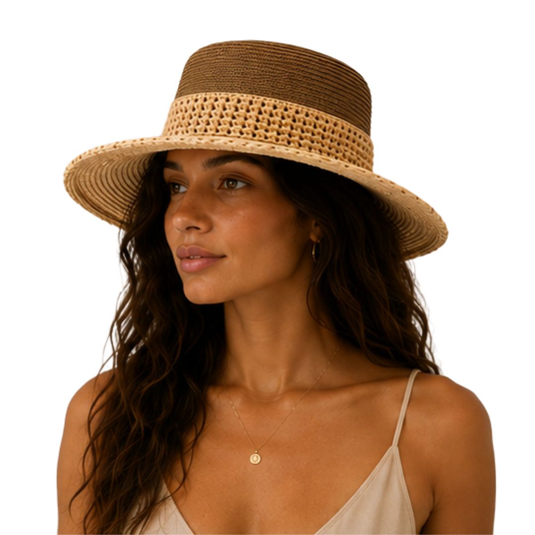 Cappello donna in paglia bicolore con tesa e balza Made in Italy