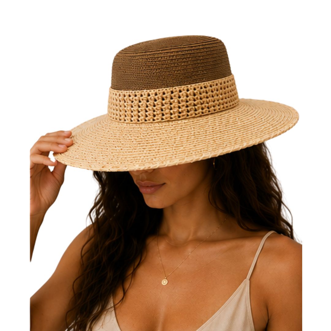 Cappello donna in paglia bicolore con tesa e balza Made in Italy