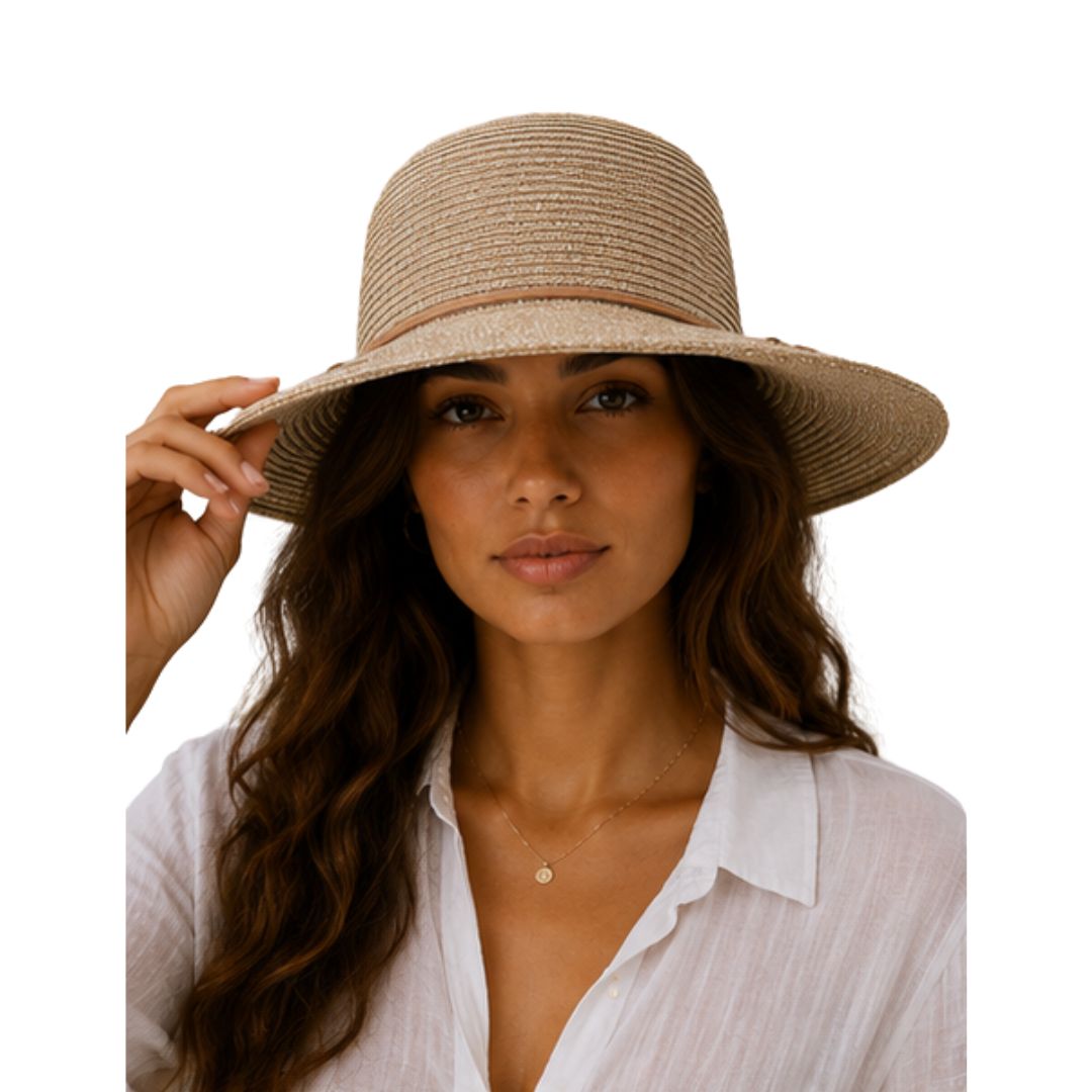 Cappello donna a tesa larga in paglia e filo laminato con fiocco Made in Italy