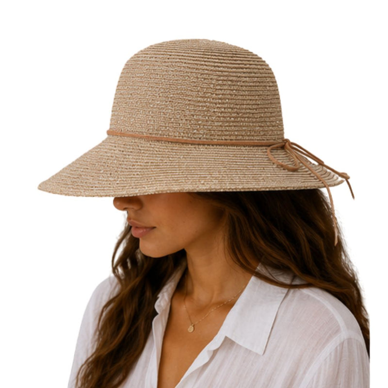 Cappello donna a tesa larga in paglia e filo laminato con fiocco Made in Italy
